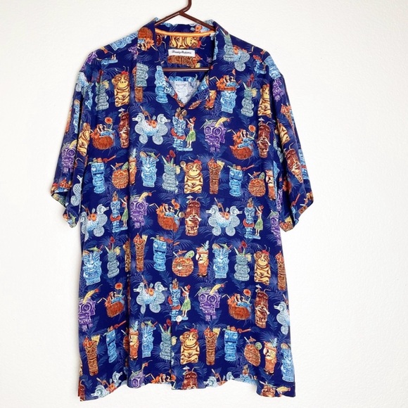 Tommy Bahama Tiki Bar Camp Shirt 2XLT Big & Tall Navy Hula Totem Print - Picture 6 of 8
